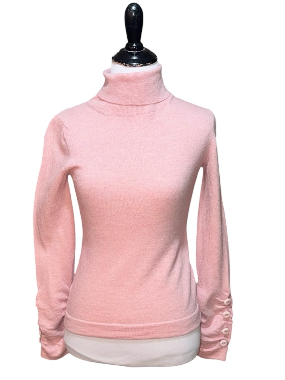 Pink Tartan Women's Size 6 Turtle Neck Knit Sweater Gathered Sleeves 100% Wool